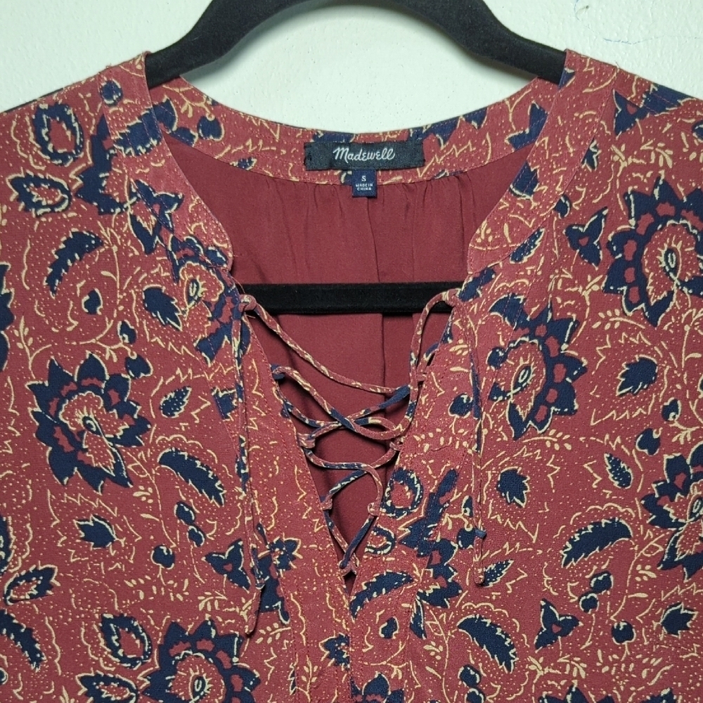 Madewell 100% Silk Babydoll Dress Red Blue Cream Assam Floral Women's Size S - Picture 4 of 7